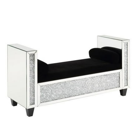 Mirrored Bench with 2 Pillows and Button Tufted Seat  Silver- Saltoro Sherpi