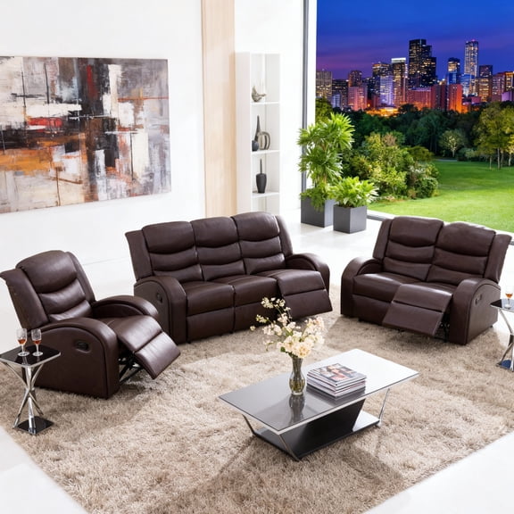 Gewnee Brown 3-Piece Living Room Recliner Sofa Set with Air Leather & Solid Wood Frame, Double-Layer Springs, Suitable for Living Room