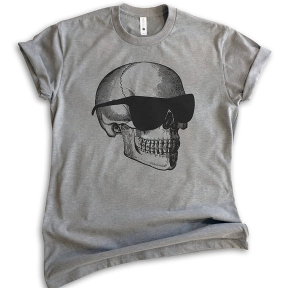 Skull With Sunglasses Shirt, Unisex Women's Men's Shirt, Halloween Shirt, Skull Graphic Shirt, Dark Heather Gray, Medium