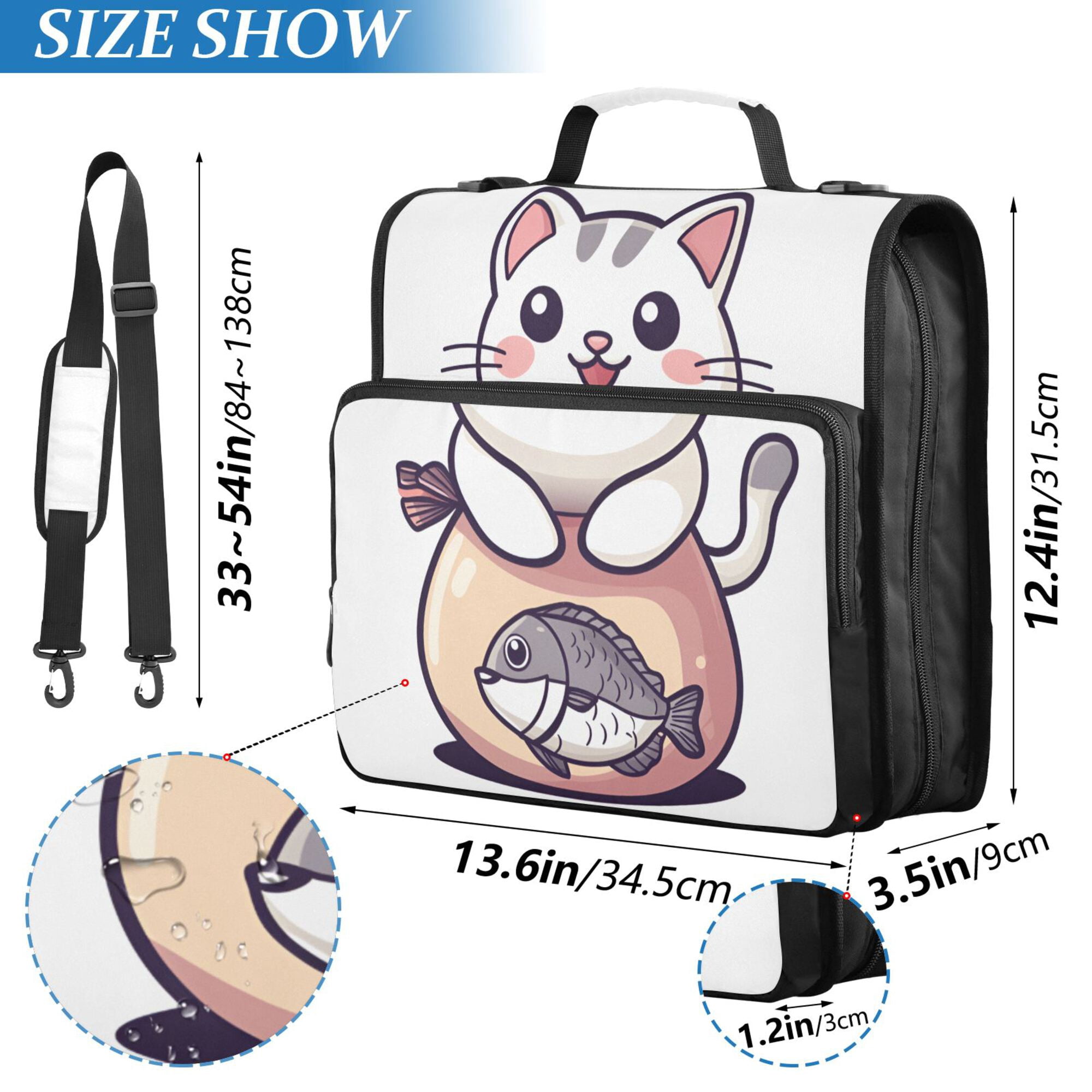 FORMRS Zipper Binder with Shoulder Strap 2-inch Ring 500 Sheet Capacity File Bag, White Cute Cat