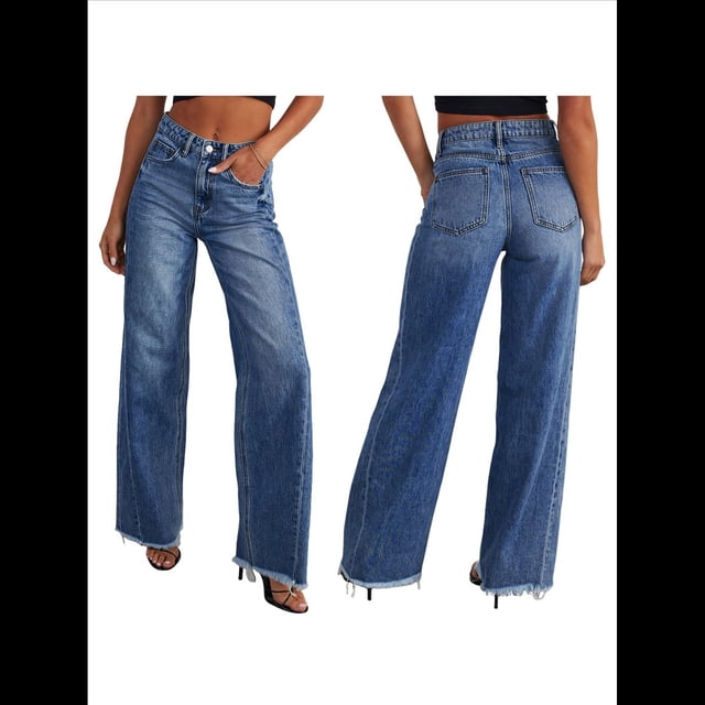 Pantalones Vaqueros de Pierna para Mujer, Cintura Alta, Elásticos, con Dobladillo Sin Rematar Azul Oscuro M