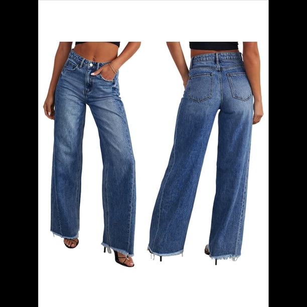 Pantalones Vaqueros de Pierna para Mujer, Cintura Alta, Elásticos, con Dobladillo Sin Rematar Azul Oscuro M