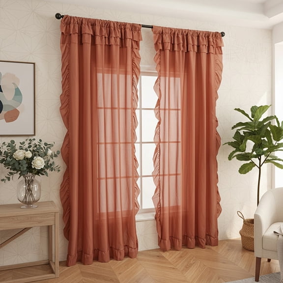 XmhyTop-A 2-Pack Sheer Ruffle Window Curtain Panels, 100x200cm Farmhouse Cottage Curtains, Flowy Ruffled Bedroom Curtains, Semi-Sheer Panels,Brown