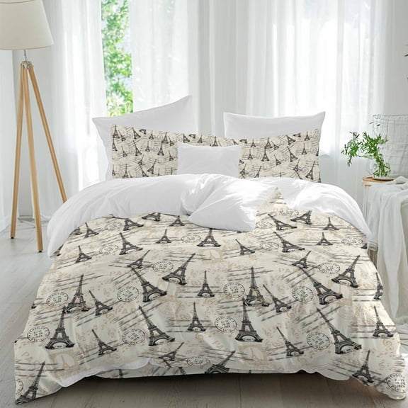 Black Towers Comforter Set Queen Size, Romantic Black Paris Tower Beige Soft Bedding Set for Man Woman, 4 Pieces Duvet Cover Set with Fitted Sheet, 2 Pillowcases