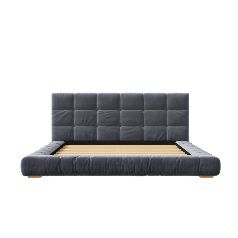 Velvet Queen/King Size Platform Bed Frame, Upholstered Floor Bed, Fully Wrapped Grounded Bed with Channel Tufted Headboard