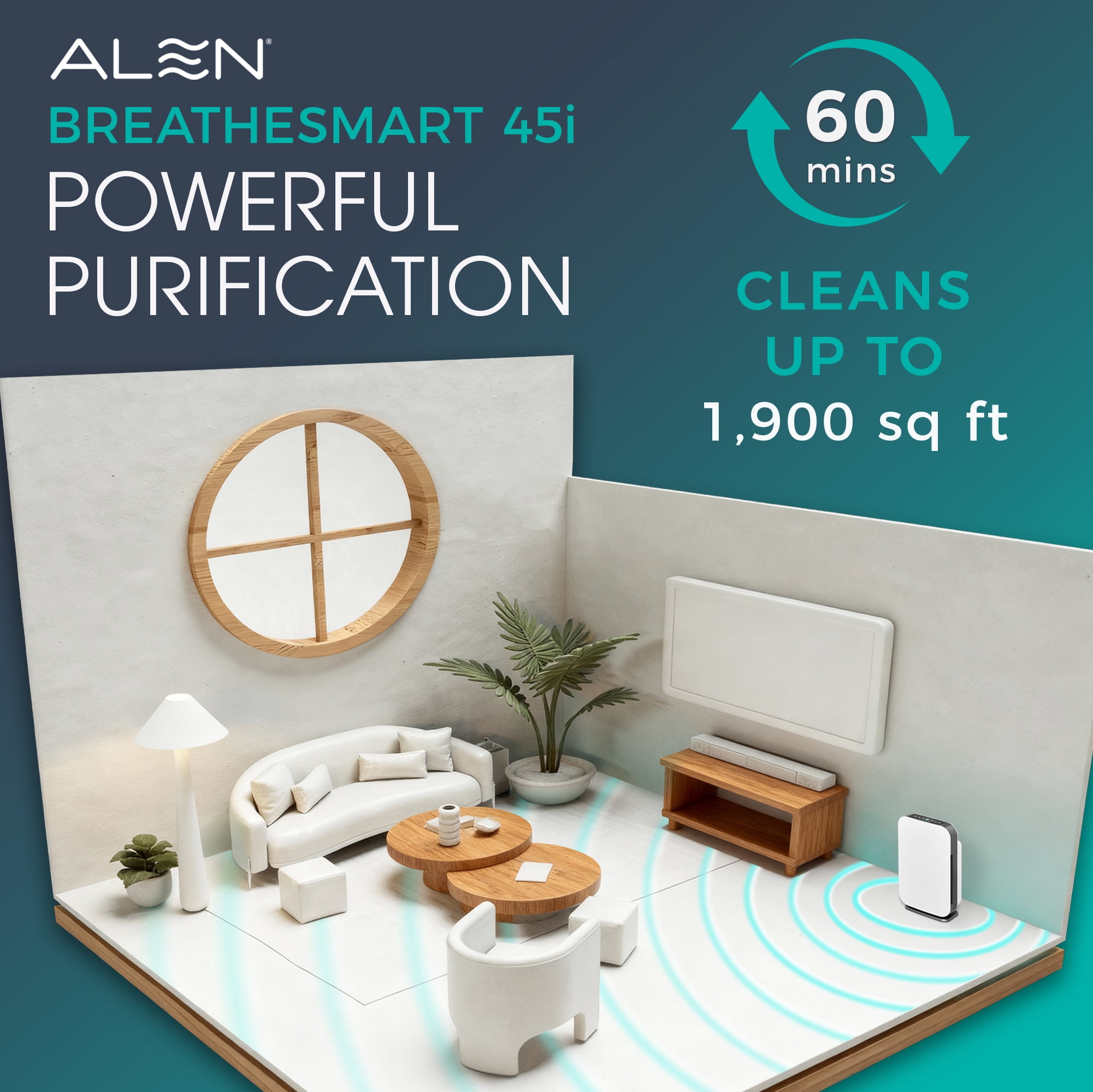 Alen Air Purifier BreatheSmart 45i HEPA with Ultimate (Odor) Filter for Large Rooms up to 1900 Sq. Ft. - Perfect for Bedrooms & Home Offices - Captures Dust - White