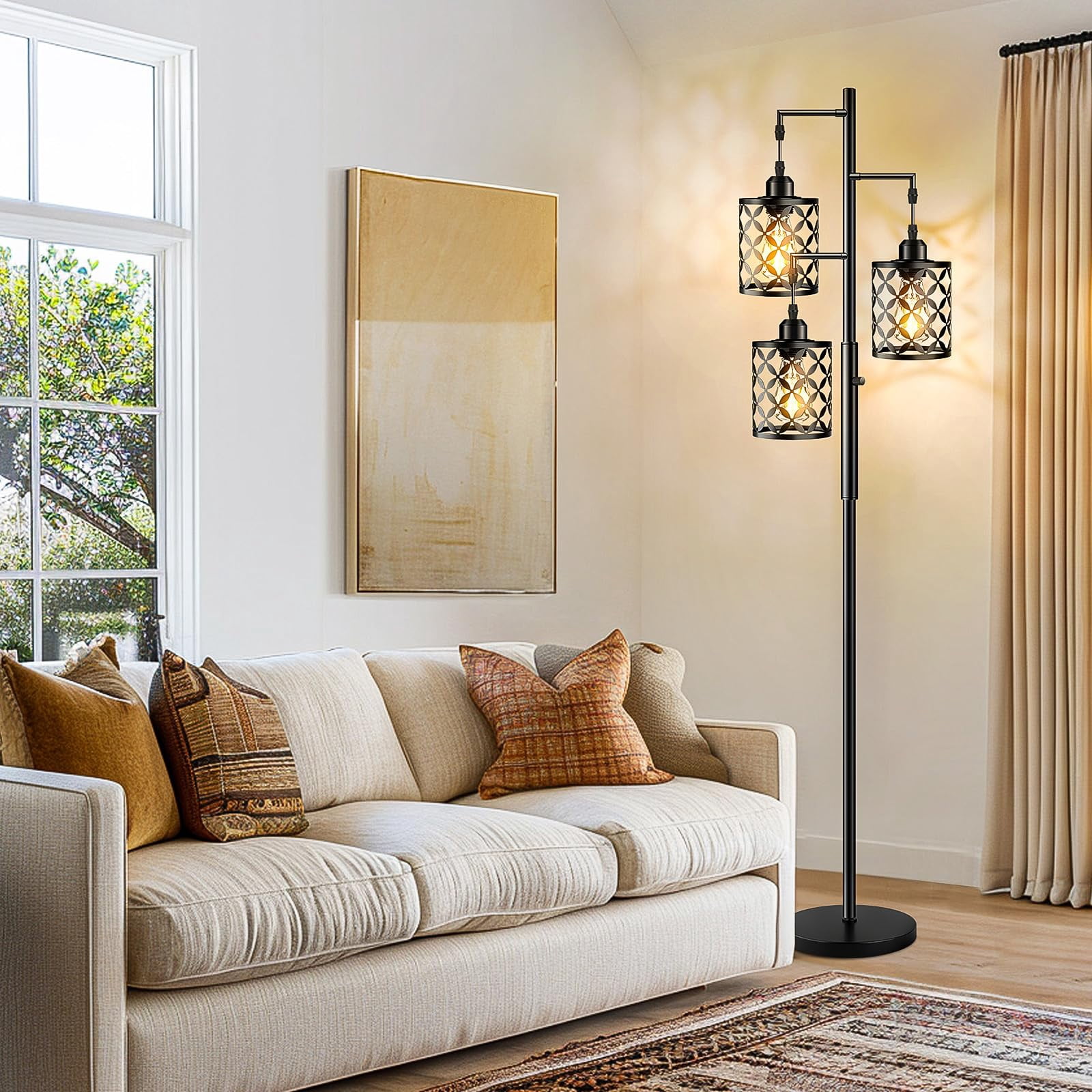 68" Dimmable Floor Lamp  Farmhouse Standing With Elegant Metal Cage Industrial Tall Tree Lamps For Living Room Bedroom Study Office (2000lm Led Bulbs Included) - Black
