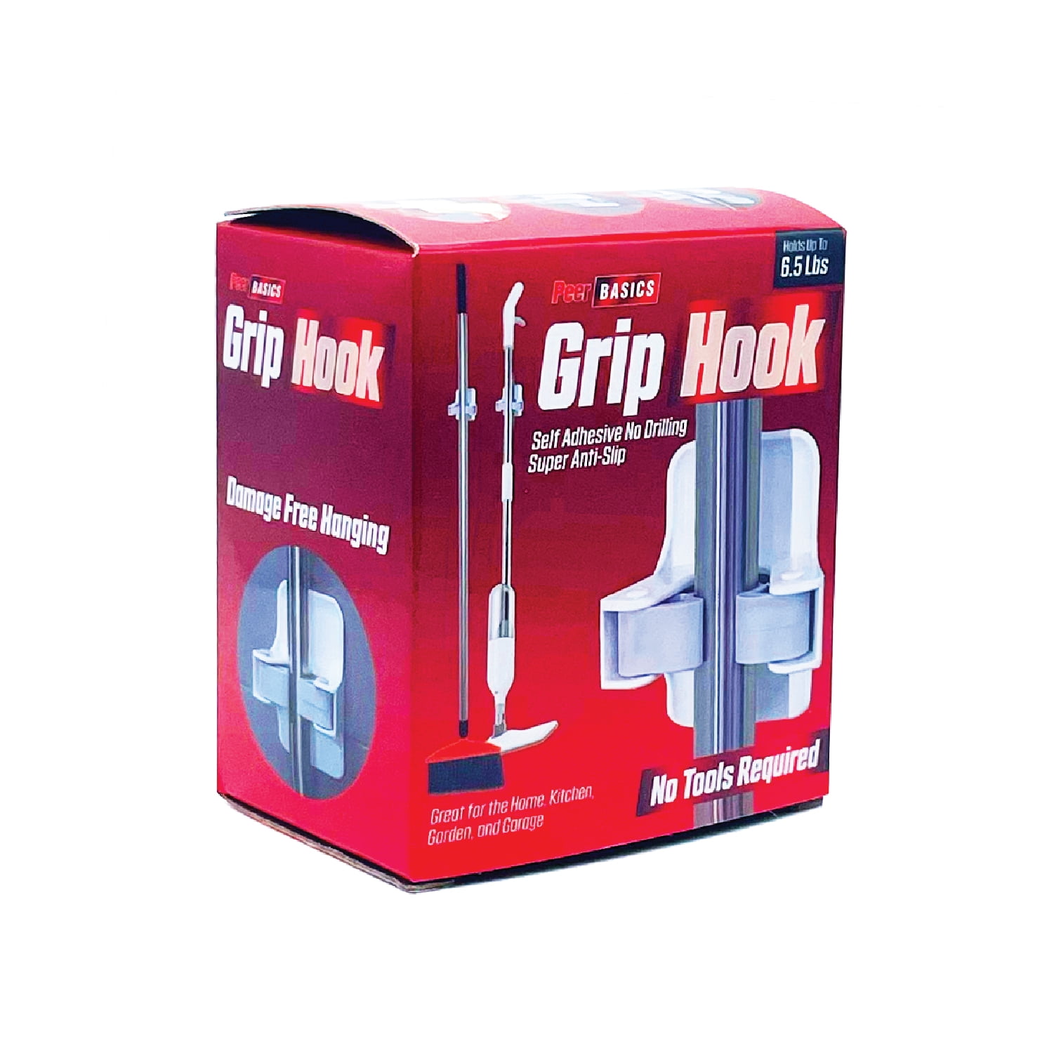 PeerBasics, Grip Hook, 6.5lb Capacity, Plastic, One Size, White, Adhesive Sticker Included