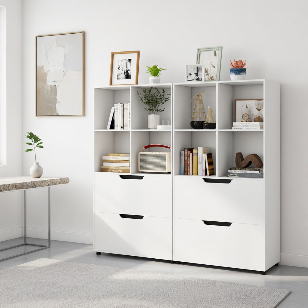 Demi Bonn 4-Tier Wood Open Bookcase with 2 Drawers and 4 Storage Cubes, White