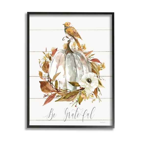 Stupell Industries Be Grateful Fall Pumpkin Botanical & Floral Painting Black Framed Art Print Wall Art, 11 x 14