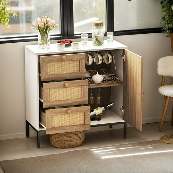 YYAo Rattan Sideboard Buffet Cabinet with 1 Door and 3 Drawers-White