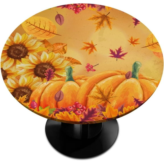 muroi Round Tablecloth Fitted Cover with Elastic Edged Autumn Leaves Pumpkin Pattern Waterproof Table Cloth for Party Kitchen Dining Indoor Outdoor 36'' - 42'' Diameter