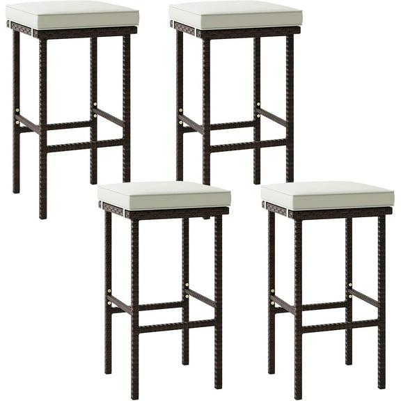 SAZYY Wicker Bar Stools Set of 4, Bar Height Bistro With Removable Seat Cushions, Backless Patio Pub With Footrest Support 400 LBS, for Balcony, Poolside