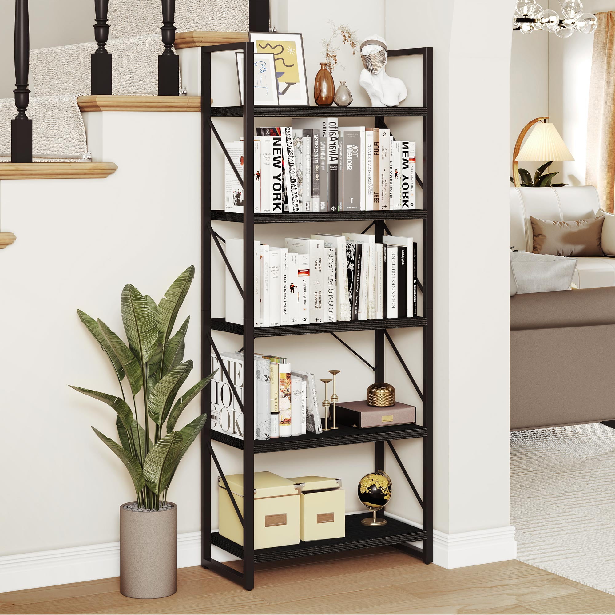 Dextrus 5-Tier Bookshelf, Ladder Bookcase, Industrial Freestanding Book Shelf Modern Open Display Storage Organizer Book Shelves for Bedroom, Living Room and Home Office, Black