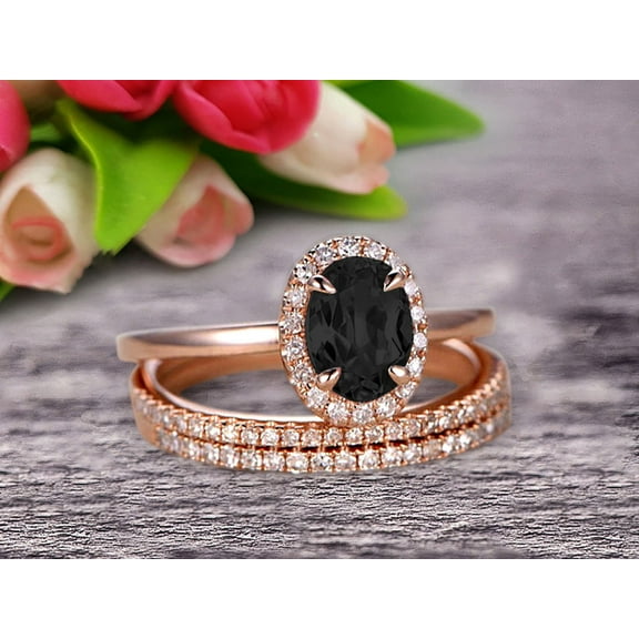 3Pcs 2.50 Carat 10k Rose Gold Black Diamond Moissanite Engagement Ring Set Wedding Set Promise Ring for Bride 8x6mm Oval Cut Gemstone Anniversary Ring