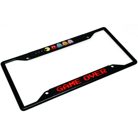 Pac-Man with Ghosts & Game Over Acrylic Inlaid Black Carbon Steel License Plate Frame 4-Hole – Official Licensed Product