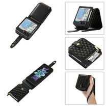 Designed for Samsung Galaxy Z Flip 5 5G 2023 Wallet Case, PU Leather Card Slot Magnetic Zipper Flip Lanyard Strap Wristlet Kickstand Stand Phone Cover Purse Compatible with Z Flip 5, Black