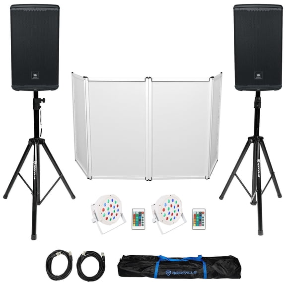 JBL DJ Package w/ (2) EON712 12" 1300w Powered Speakers Facade Stands Up-Lights