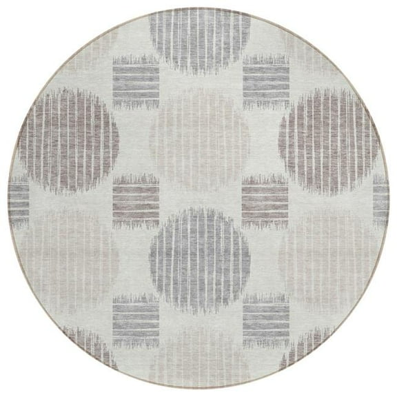 HomeRoots 593602 8 ft. Ivory, Brown & Gray Round Geometric Washable Indoor & Outdoor Area Rug