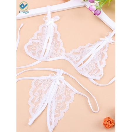Deago Women Sexy Lingerie Nightwear Two Piece Babydoll Bra Panty G-String Underwear Set (White  L)