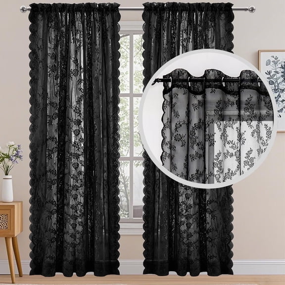 2 Panels Lace Curtains 57" x 84" - Rustic Floral Branch Leaf Pattern Lace Panel Curtains for Bedroom, Privacy Vintage Sheer Lace Curtains for Windows,Black