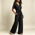 thumbnail image 5 of Women's V Neck Short Sleeve Jumpsuit Cinched Waist Casual One Piece Romper with Long Pants Summer Fashion Outfit Black M(M), 5 of 6