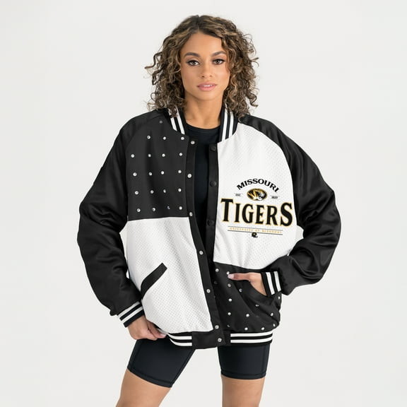 Women's Gameday Couture Black Missouri Tigers Oversized Inner Drive Varsity Rhinestone Full-Snap Bomber Jacket