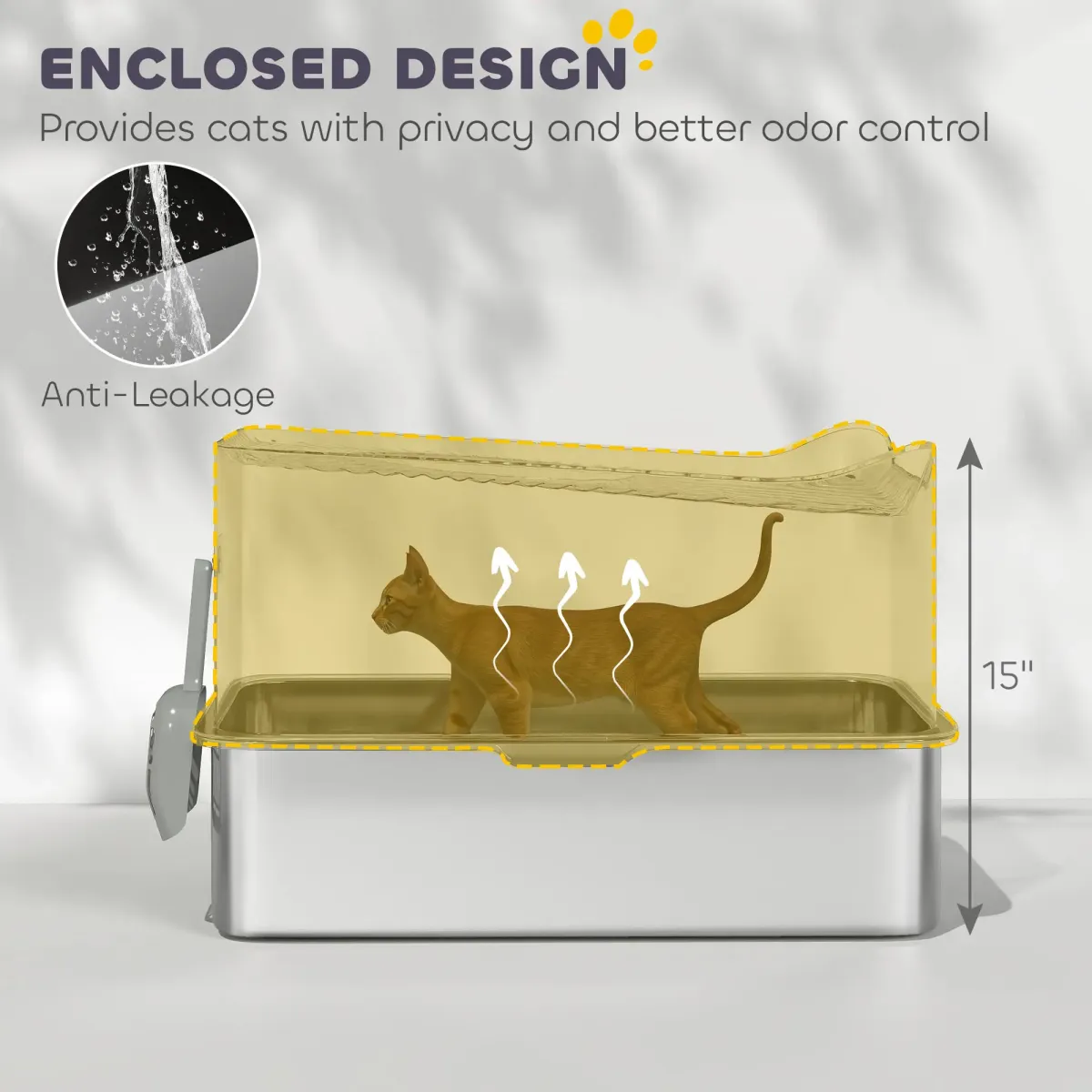23.6" Enclosed Top Entry Stainless Steel Cat Litter Box - 17.2 Gallon, 20 lbs Capacity, Non-Slip Pads, Odor Control & Easy Clean Tray + Scoop (23.6"Lx15.7"Wx15"H)