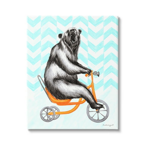 Stupell Industries Roaring Bear Riding Tricycle Whimsical Chevron Pattern Graphic Art Gallery Wrapped Canvas Print Wall Art, Design by Amelie Legault