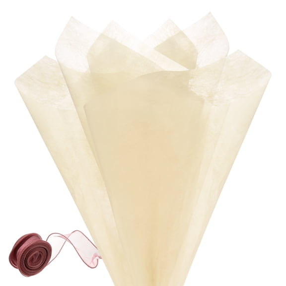 Uxcell 76 Sheets Korean Cotton Flower Wrapping Paper with Ribbon, 12" Milk Cotton Waterproof for Bouquets/Gift Packaging [Light Beige]