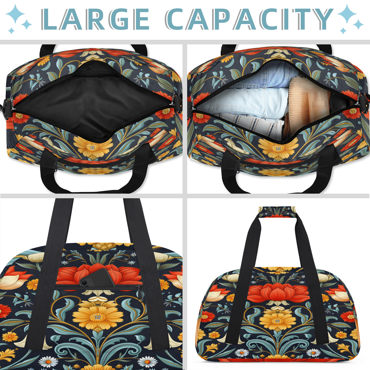 Herdesigns Retro Floral Sports Duffle Bag for Women & Men, Vintage Boho Flower Gym Bag Dance Bag Overnight Bag Carry On Weekender Travel Bag