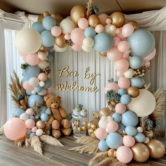 Gender Reveal Party Decor Kit, 144PCS Dusty Pink Blue Gold White Balloons, Balloon Arch for Shower Bridal Bachelorette Birthday, Boho Theme, Blue Pink
