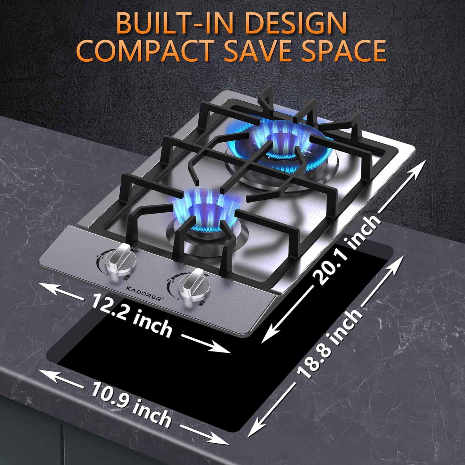 Gas Cooktop 12 inch, Adorer Bulit-in Gas Stove Top with 2 Burner, 12 Inch NG/LPG Convertible Cooktops, Dual Burner Propane Cooktop with Thermocouple Protection, Stainless Steel
