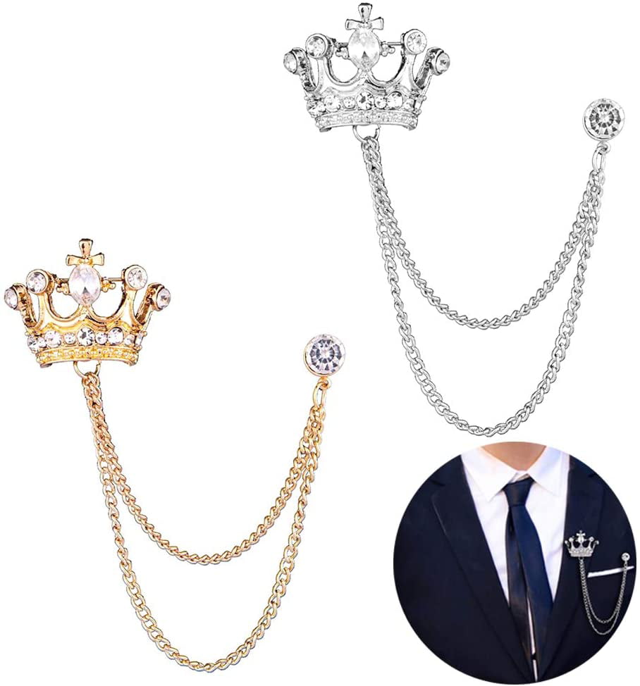 2pcs Royal Crystal Crown Tassel Chain Brooch Lapel Pin for Coat Suit Brooch