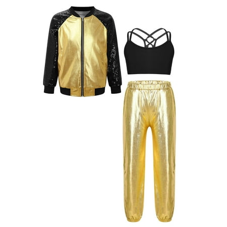 Doomiva Kids Girls Long Sleeve Bomber Jacket Dance Crop Top Sports Bra Vest with Pants Set Jazz Street Dancewear Gold 10