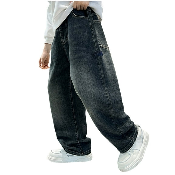 UYYX Boys Black Jeans Boys' Pants Boys Baggy Jeans For Kids Teen Casual Straight Wide Leg Cargo Jeans Y2K Elastic Waist Denim Pants With Pockets 12-14 Years