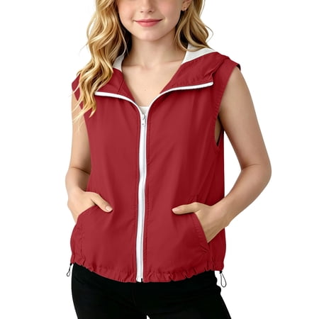 FAVIPT Kids Windproof Jacket Boys Girls Sleeveless Drawstring Zipper Hooded Rain Vest Lightweight Package Outdoor Coat Red 11 Years