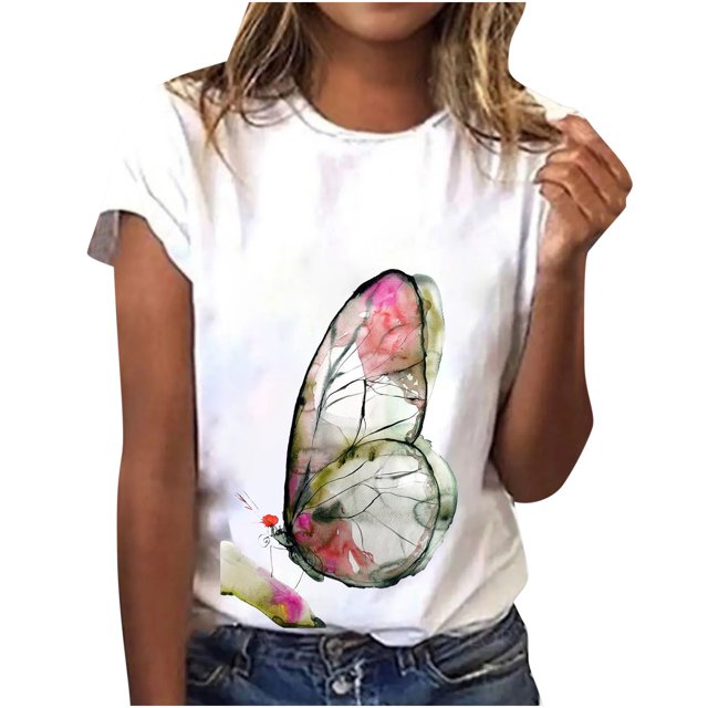 T-shirts d'Été Décontractés pour Femmes Col Rond Manches Courtes Tee Graphique Tendance Basique Confortable Coupe Ample Blouses Chandail