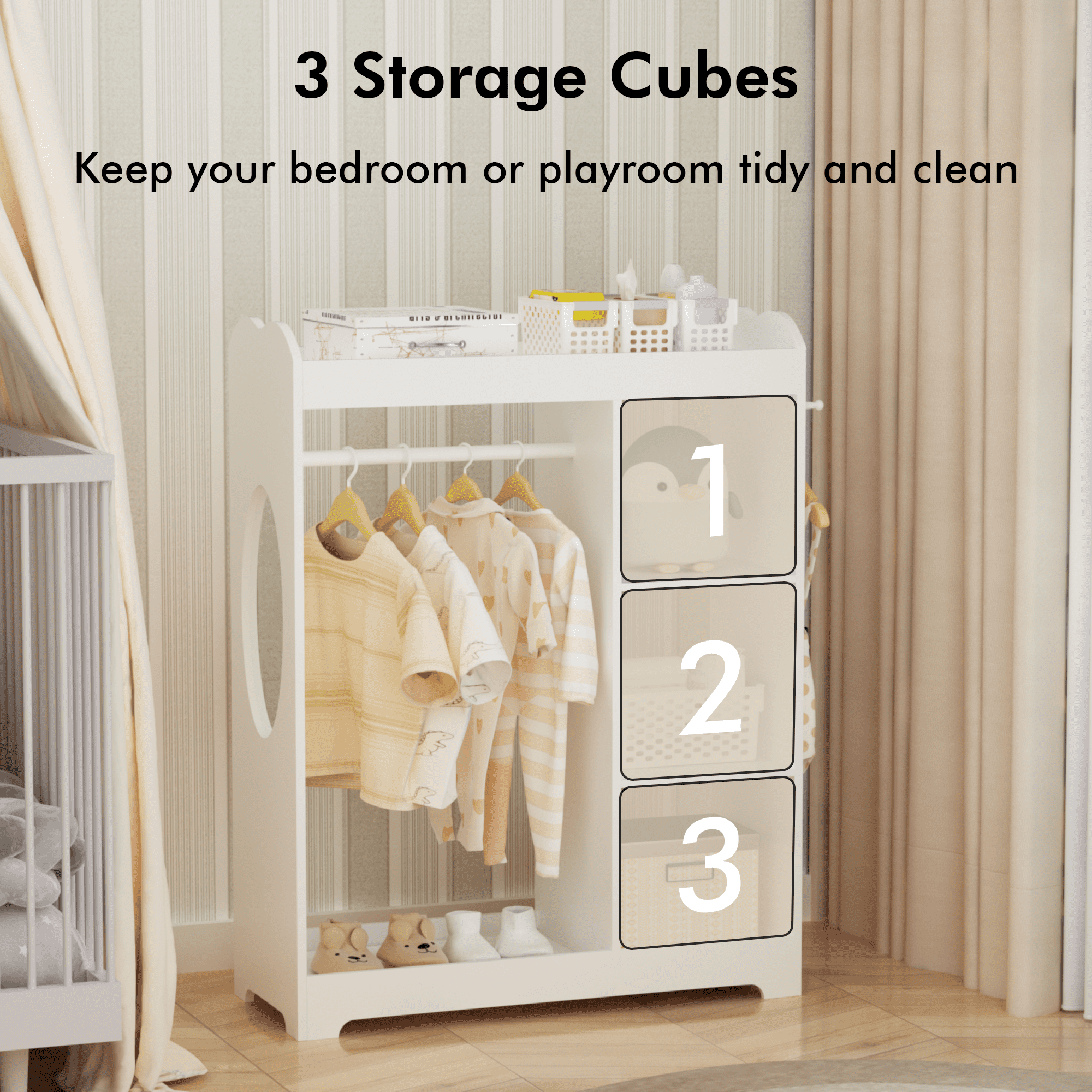 Kids Dress up Storage with Mirror and Hooks,Kids Clothes Rack with Storage Shelves and Top Shelf for Playroom Bedroom Nursery,White