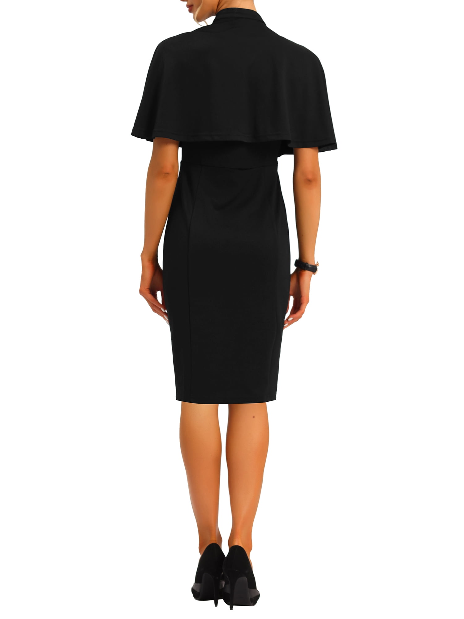 Unique Bargains Women's Elegant Double Breasted Two Pieces Cape and Dress Sets Black L