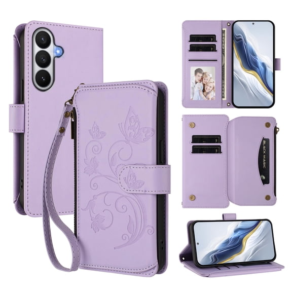 Decase for Samsung Galaxy S26 Crossbody Zipper Wallet Phone Case,Floral Embossed Pattern PU Leather Flip Phone Shell,Shockproof Hybrid Card Slots Stand Cover,Purple