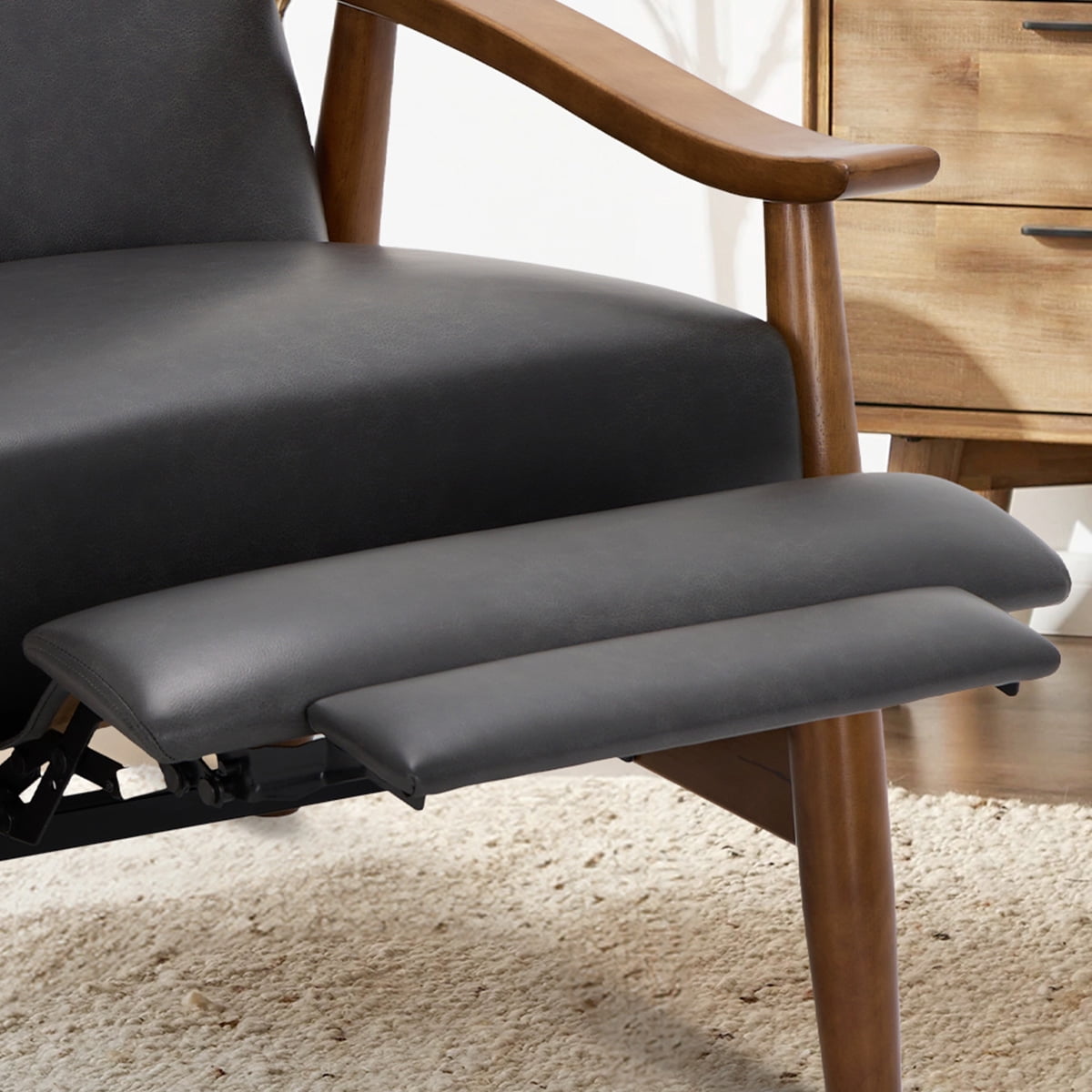AFO Mid Century Modern Recliner Chair Set of 2, Leather Push Back Armchair with Retractable Footrest, Solid Wood Legs, High Back Lounge Chair for Living Room, Black
