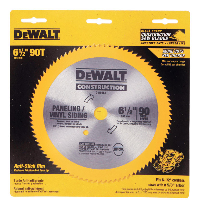 DEWALT DW9153 Circular Saw Blade, 6-1/2 in Dia, 5/8 in Arbor, 90-Teeth, Steel Cutting Edge - image 3 of 3