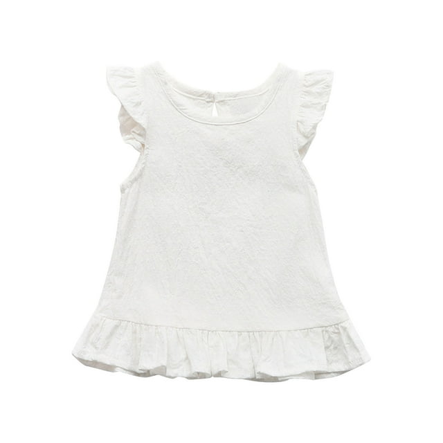 Annhoo Débardeurs à Manches à Volants pour Filles en Coton Lin Col Rond Sans Manches Chemises Tendance Blouses Unies Mignonnes 1-7 Ans