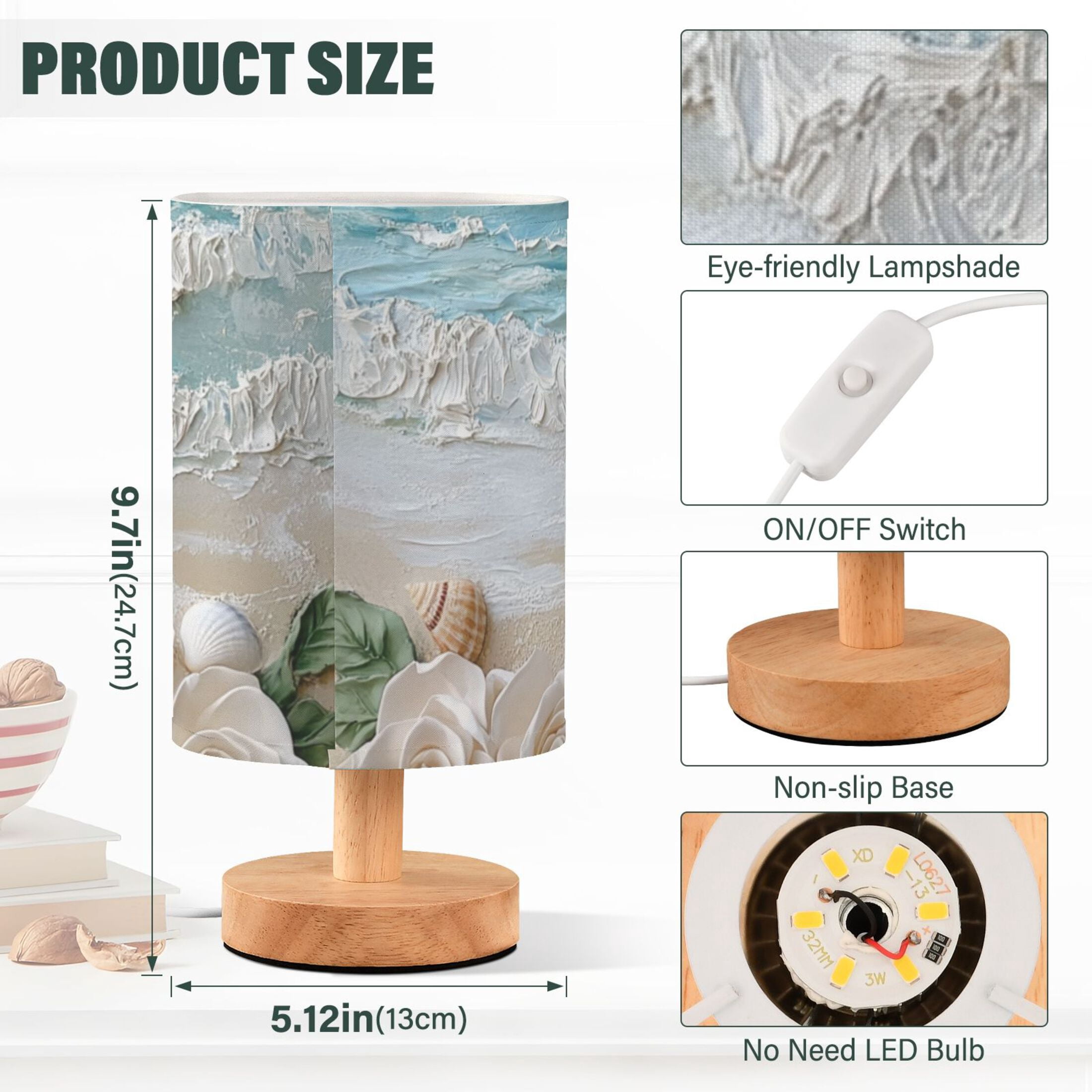 Roses Starfish Shells Beach Oil Painting Table Lamp with USB Port LED Warm Light Lamp Night Light Home Decor