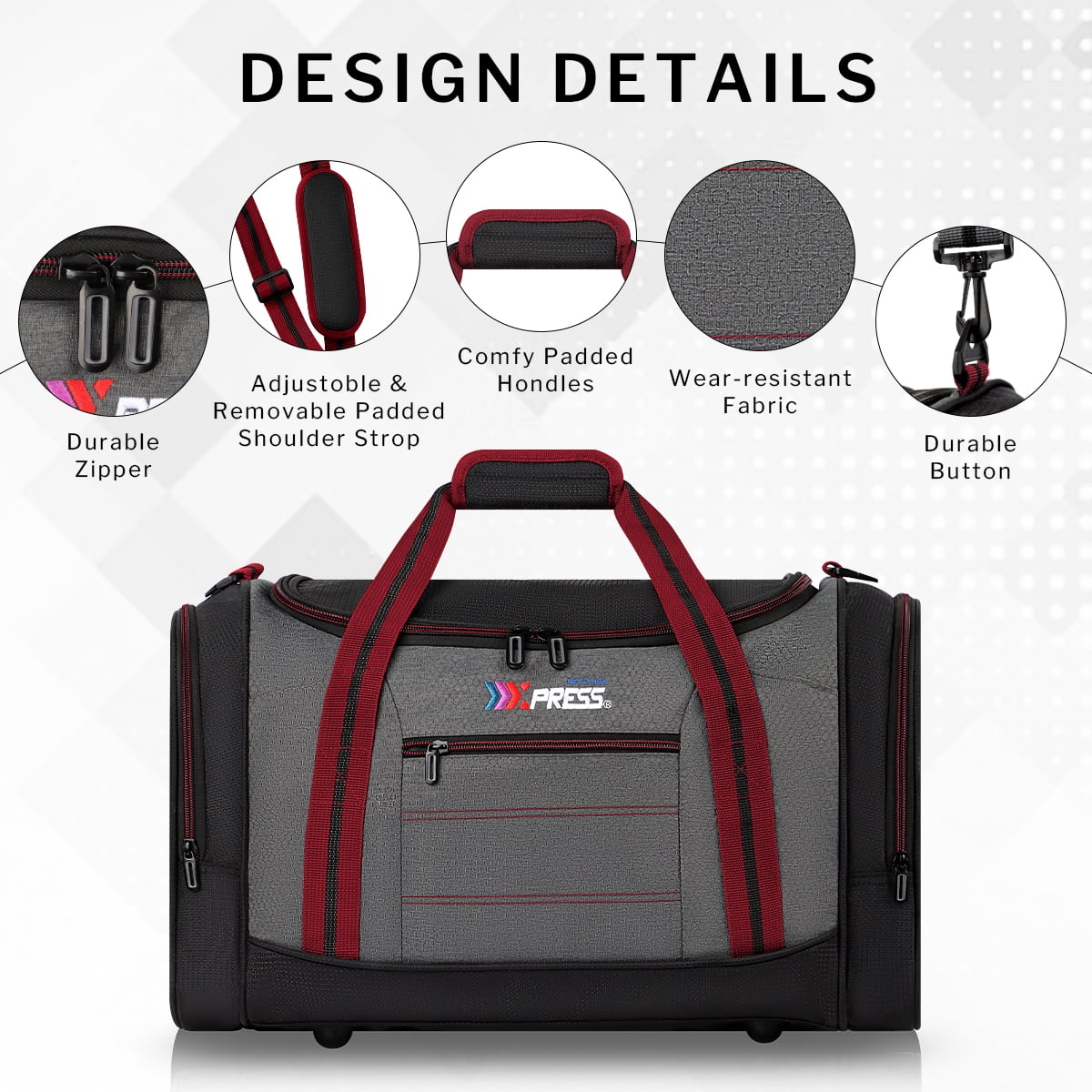 20" Travel Duffel Bag 45L Lightweight Foldable Sports Gym Bag Adjustable Strap Tear-Resistant Weekender Overnight Bag, Red(LX298)