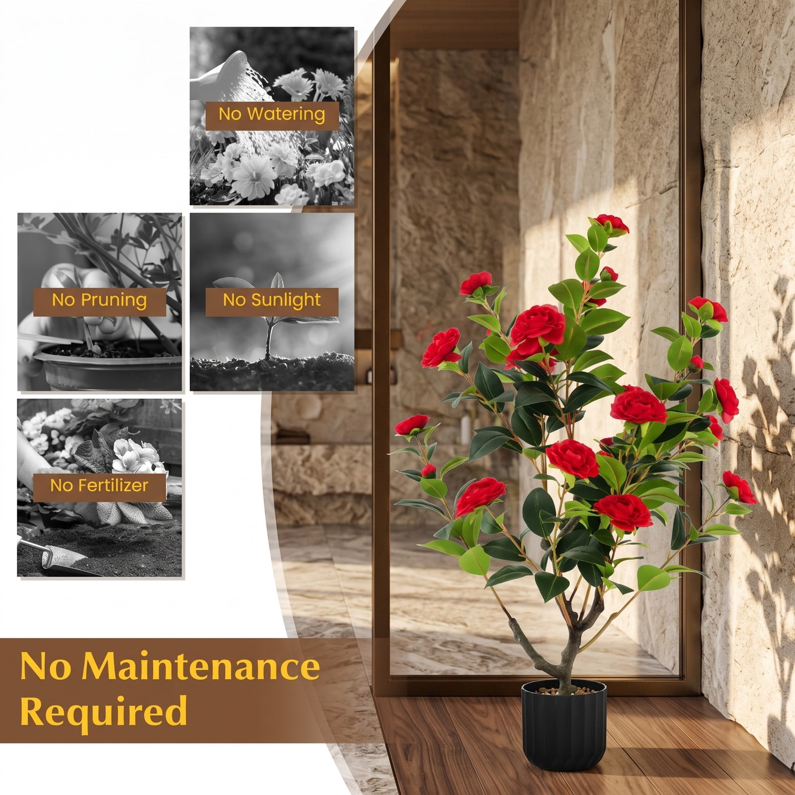 ALPULON 38 Inch Artificial Camellia Tree, Faux Silk Flower Plant with 24 Blooms in Cement Pot for Home Office Living Room Entryway Decor, No Watering Required, Red