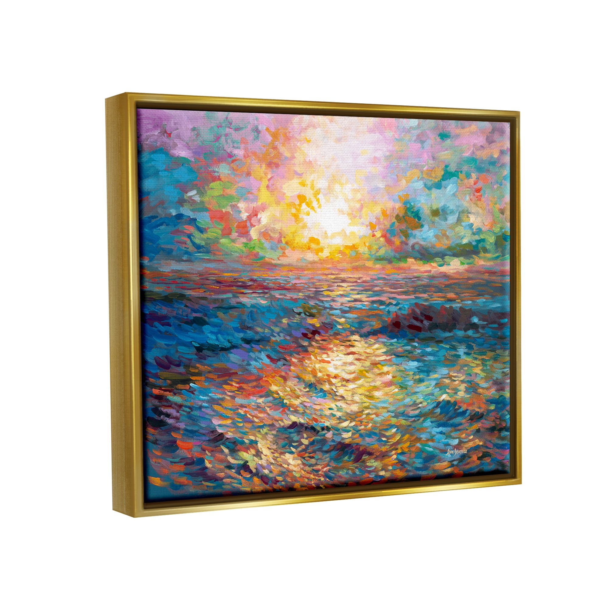 Stupell Industries Sunset in Mykonos Beach Landscape Painting Gold Floater Framed Canvas Art Print Wall Art, 31 x 25