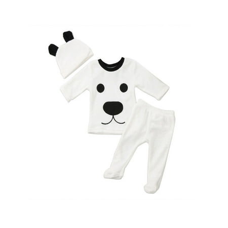 

Newborn Baby Boys Girls Outfits Long Sleeve T-Shirt Tops + Pants Footies + Bear Ears Hat 3Pcs Fluffy Clothes