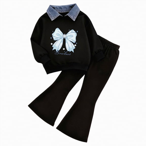 mgoYE Toddler Girls Clothes 3t Girls Clothes Fall Long Sleeve Lace Bow Print Sweatshirt Flared Pants 2PCS Set Little Girl Outfits(Blue,5-6 Years)